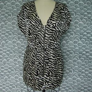 WALTER Zebra Animal Print Silk Tunic Top Zip Front